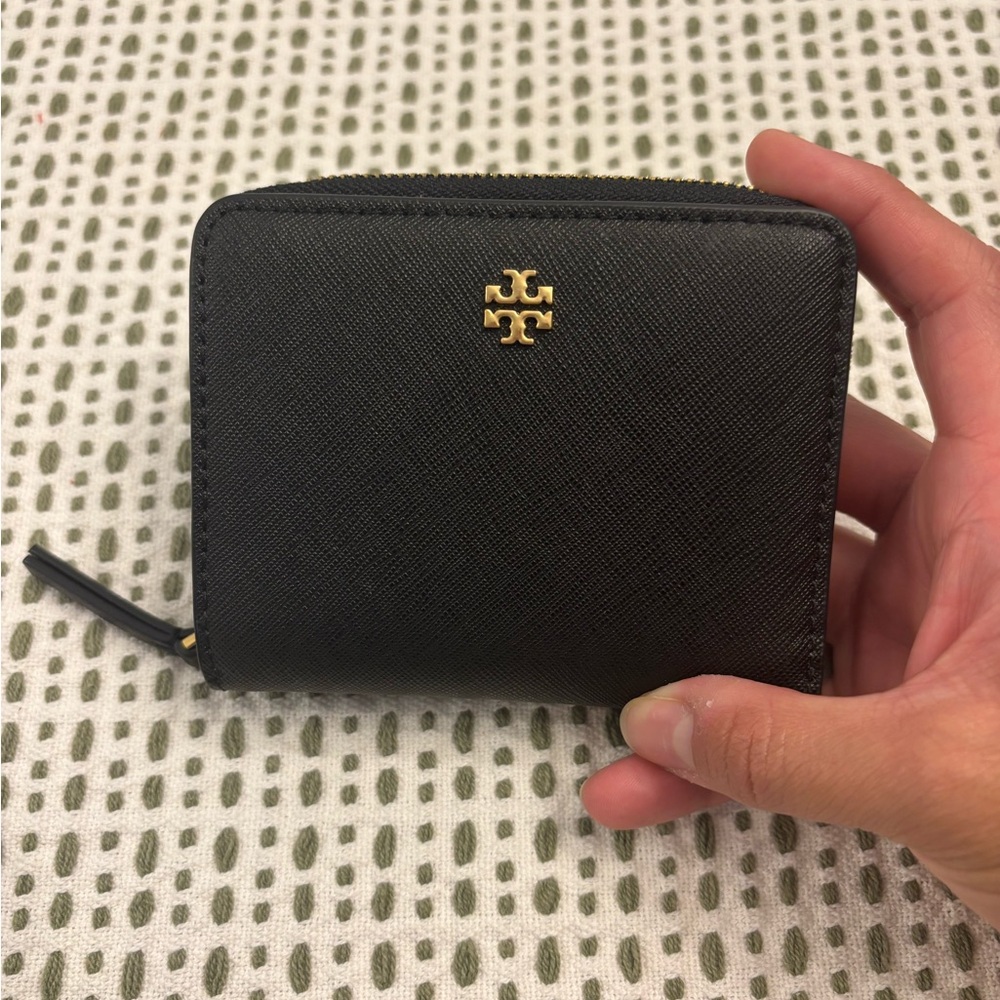 Tory Burch Black Compact Wallet with Gold Emblem